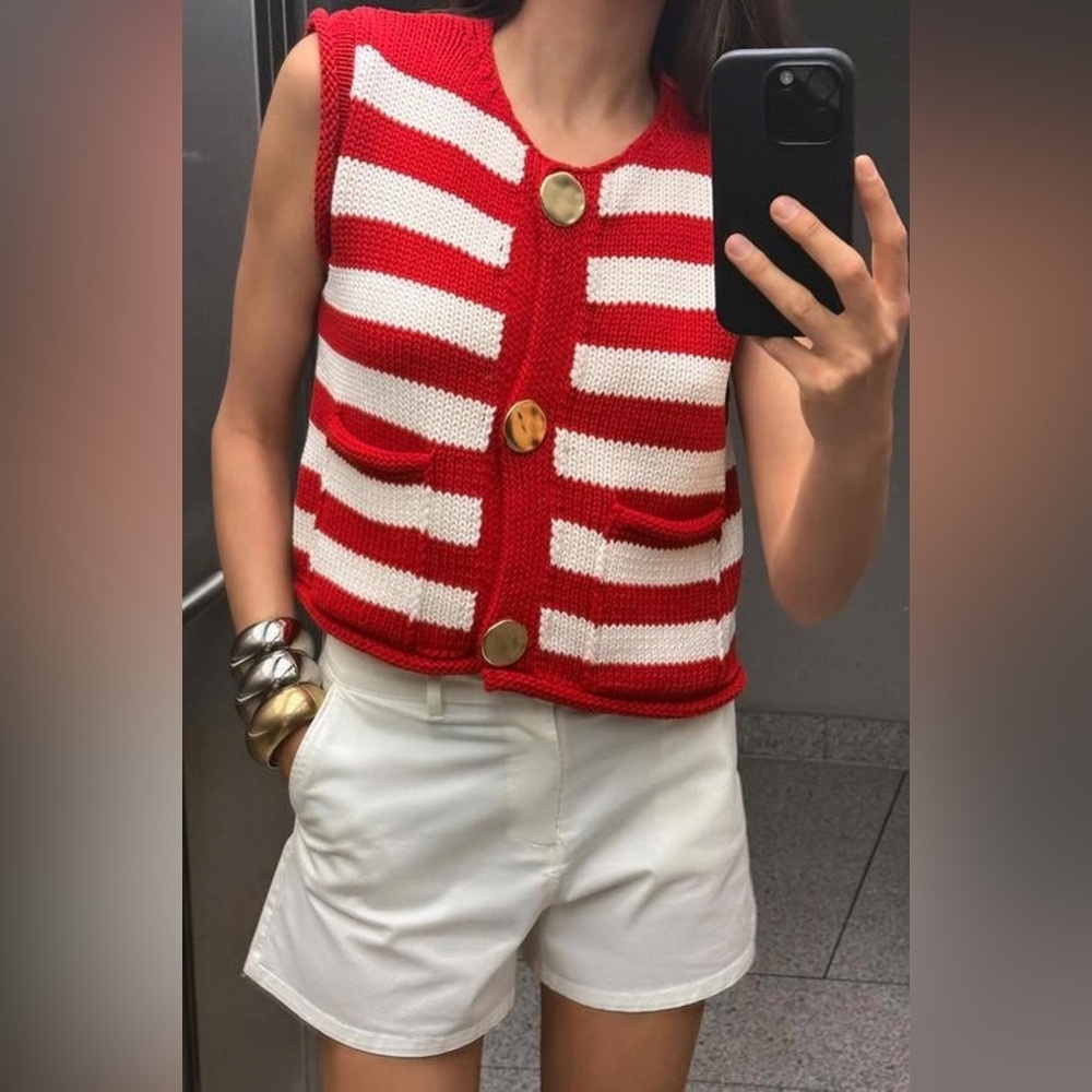 Zara Red &‎ White Striped Knit Front Button Vest